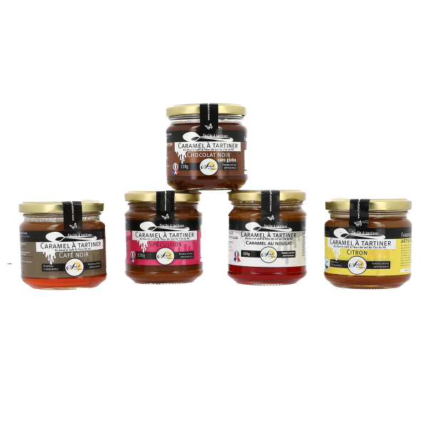 Lot de 5 pots de Caramel à tartiner : Citron, Nougat, Café, Chocolat et Spéculoos