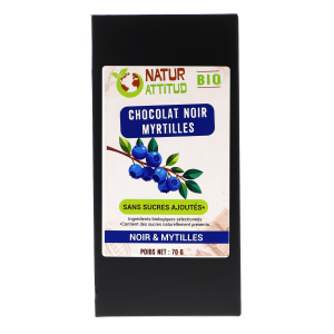 Chocolat Noir Bio aux Myrtilles - Sans sucres ajoutés - Natur Attitud (70g)