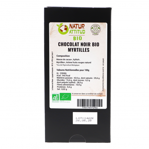 Chocolat Noir Bio aux Myrtilles - Sans sucres ajoutés - Natur Attitud (70g)