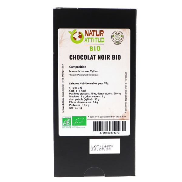Tablette de Chocolat Noir Bio Sans Sucres Ajoutés - Natur Attitud (70g)