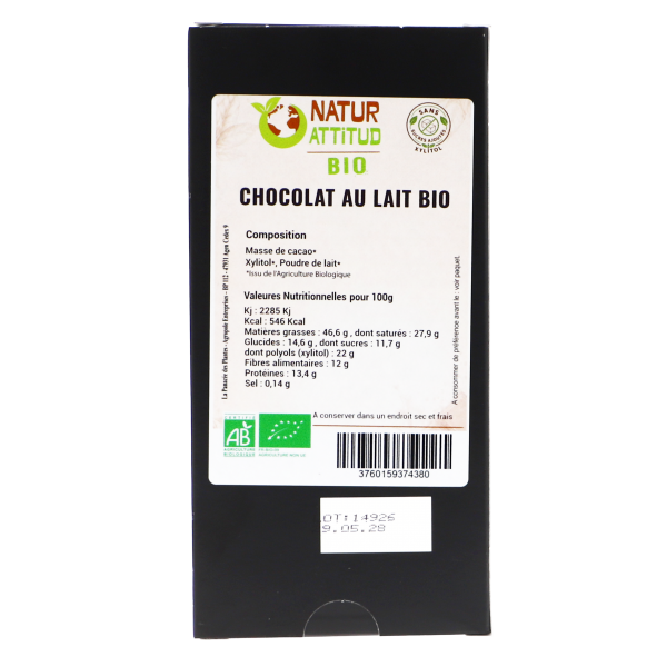 Lot de 3 - Chocolat au Lait BIO Sans Sucres Ajoutés (au Xylitol) - 3 x 70 g - Natur'Attitud