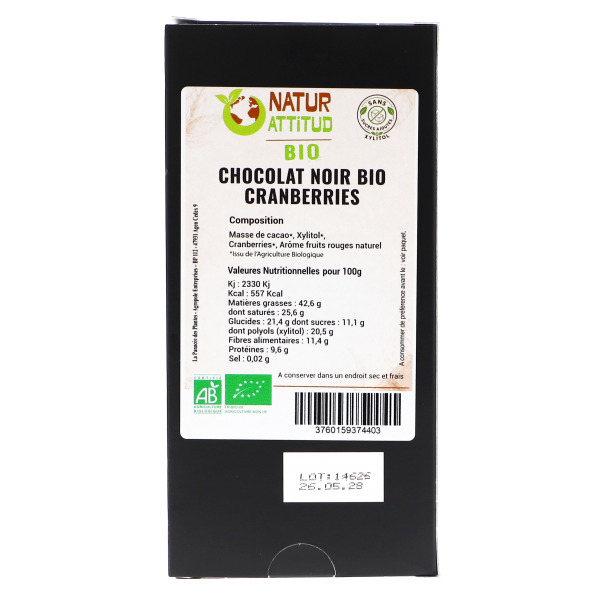 Lot de 5 - Chocolat Noir BIO Cranberry Sans Sucres Ajoutés (au Xylitol) - 5 x 70 g - Natur'Attitud