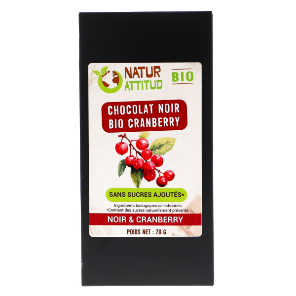 Lot de 10 - Chocolat Noir BIO Cranberry Sans Sucres Ajoutés (au Xylitol) - 10 x 70 g - Natur'Attitud