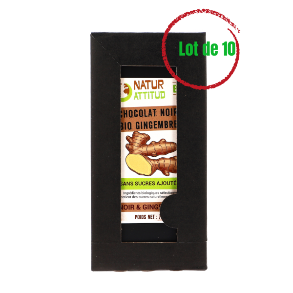 Lot de 10 - Chocolat Noir BIO Gingembre Sans Sucres Ajoutés (au Xylitol) - 10 x 70 g - Natur'Attitud