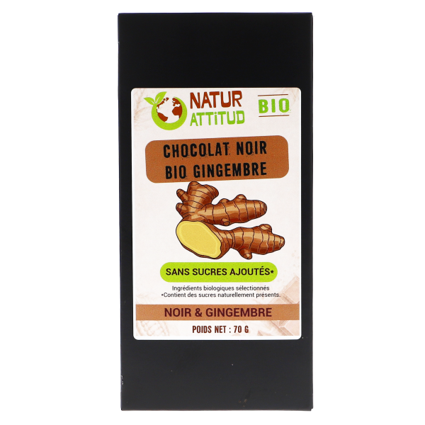 Lot de 10 - Chocolat Noir BIO Gingembre Sans Sucres Ajoutés (au Xylitol) - 10 x 70 g - Natur'Attitud